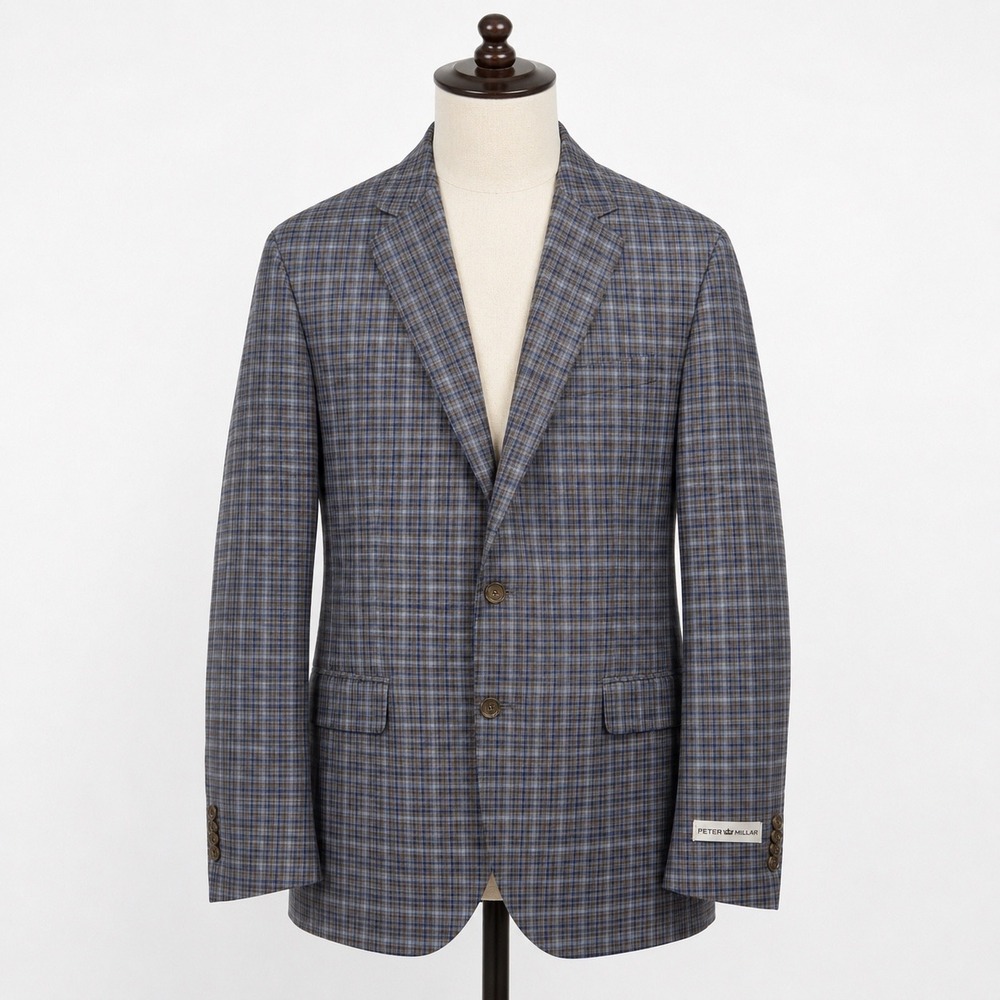 NEW FLAW Peter Millar SB Flynn Blazer Mens 44R Blue Brown Plaid Wool Sport Coat
